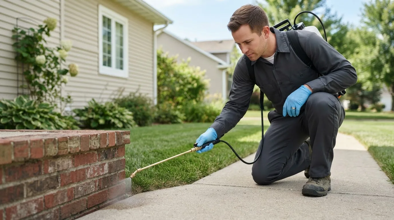 Pest control technician treating a home near Sherrill, IA