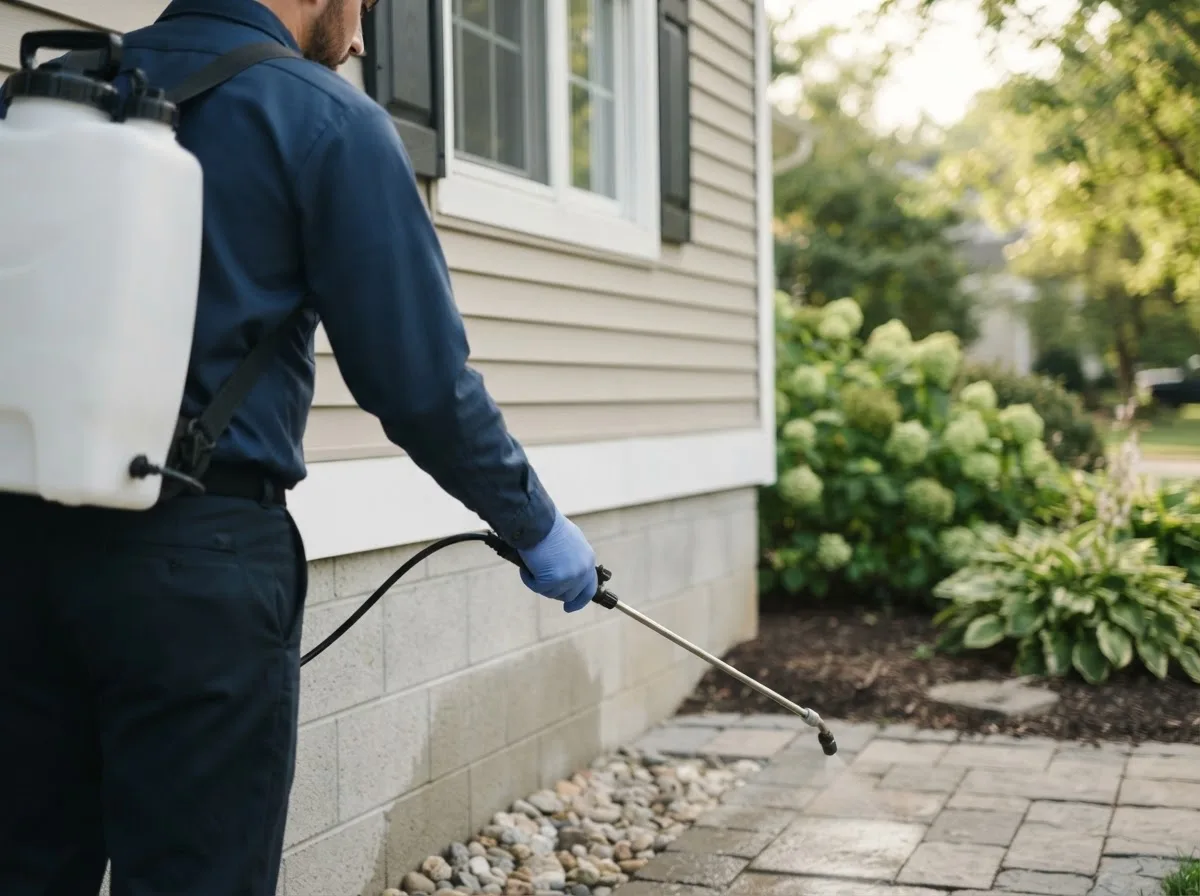 Pest control technician inspecting a home in Sherrill, IA